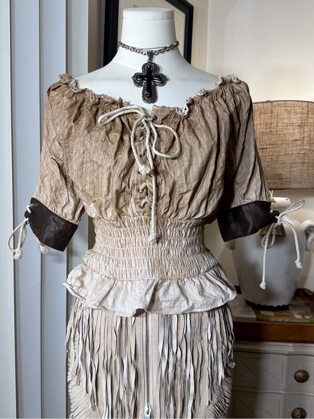 Y2K Bohemian Steampunk Peasant Off the Shoulder Blouse